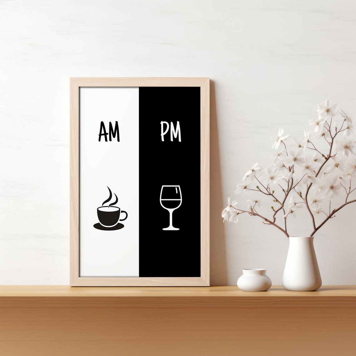 AM Coffee PM Wine Funny Split Black White Kitchen Gift Poster - Image 7