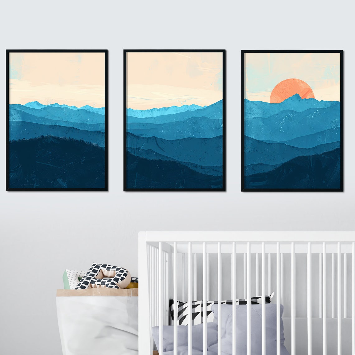 Blue Mountains Sunset Modern Three Piece Abstract Landscape Art Poster - Image 7