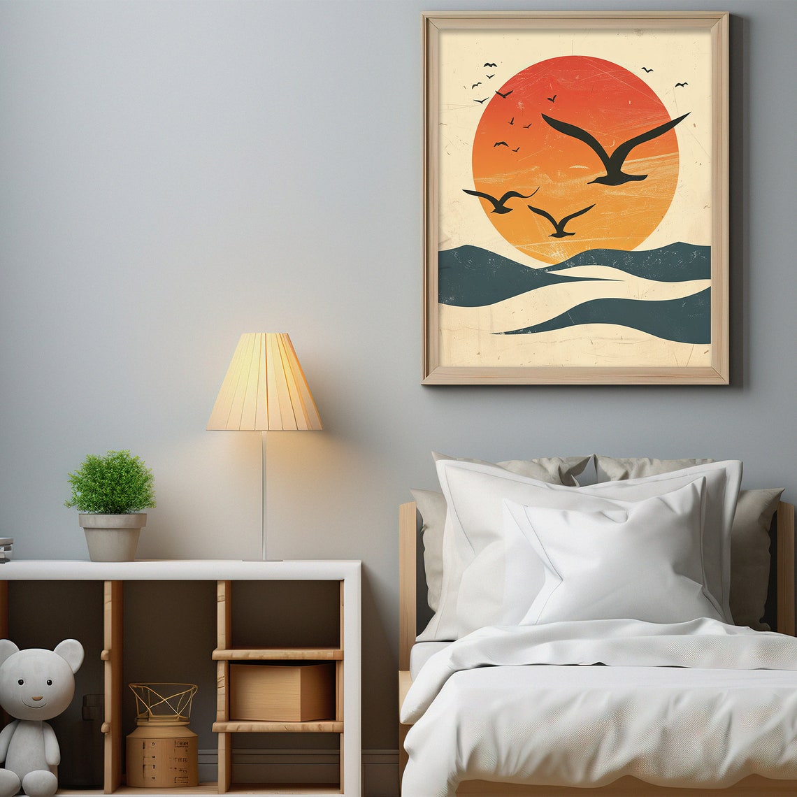 Seagulls Flying Over Big Red Sun Waves Vintage Coastal Art Poster - Image 7