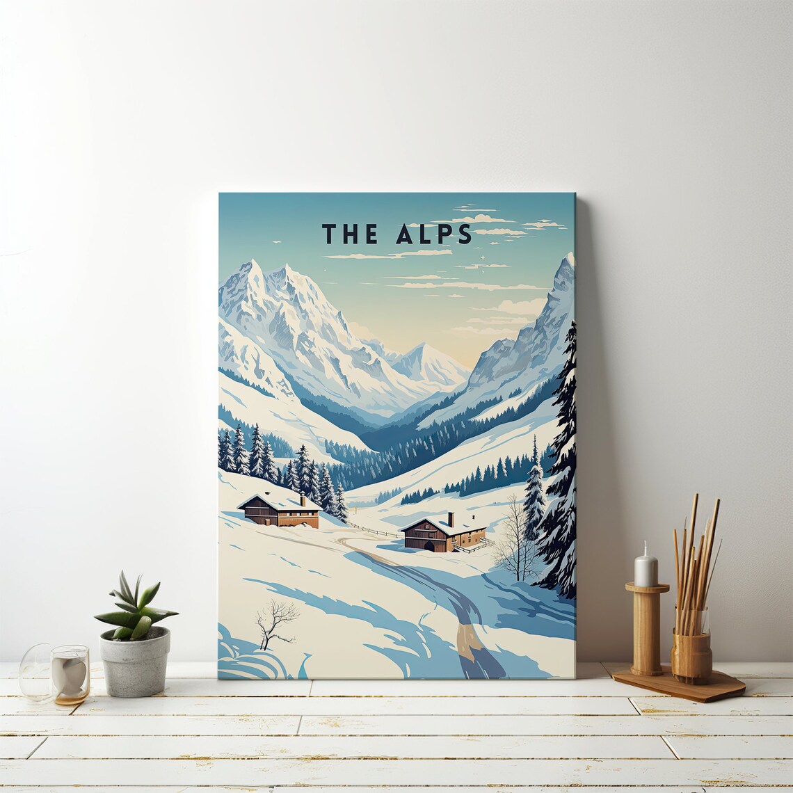 The Alps Vintage Travel Snowy Mountain Peaks Chalet Scene Poster - Image 5
