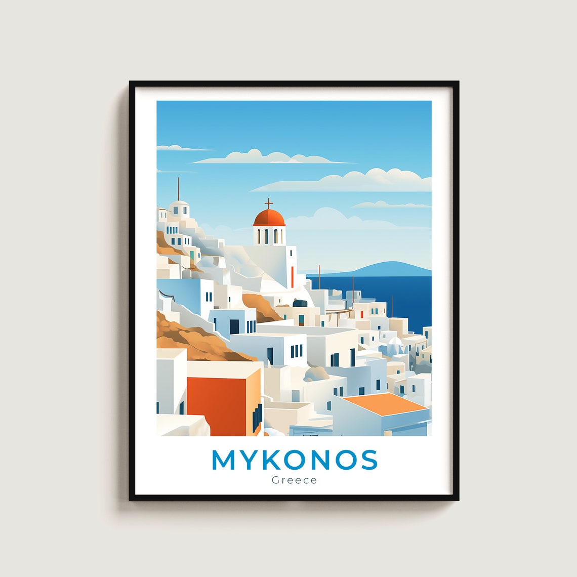 Mykonos Greece Whitewashed Hillside Town Red Dome Travel Poster