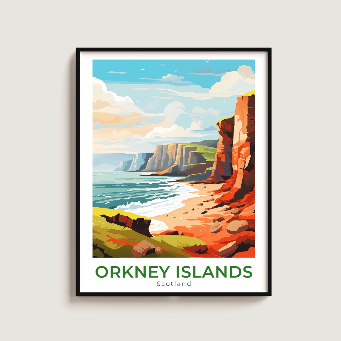 Orkney Islands Scotland Red Sea Cliffs Sunny Travel Art Poster