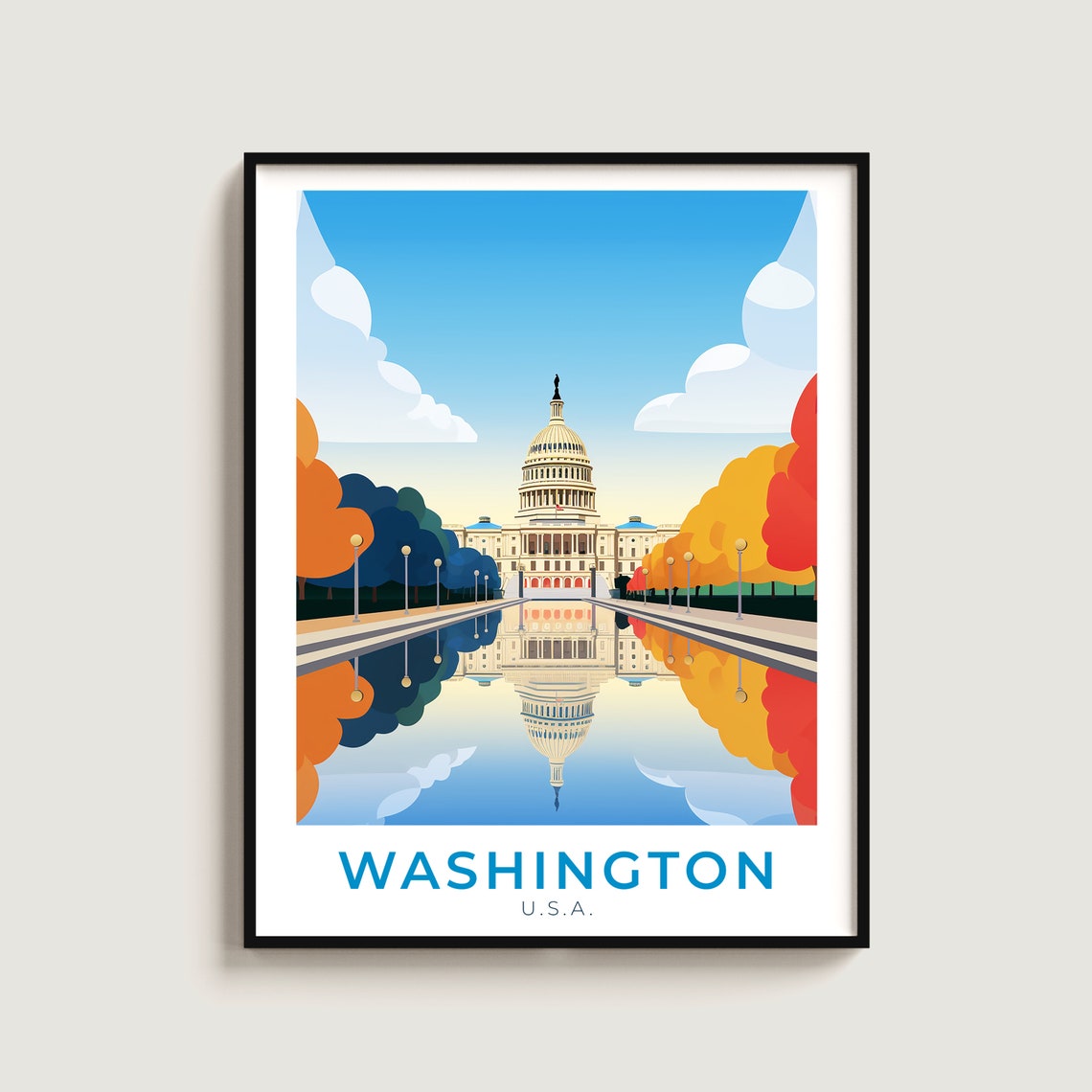 Washington DC US Capitol Autumn Reflection Pool Travel Poster