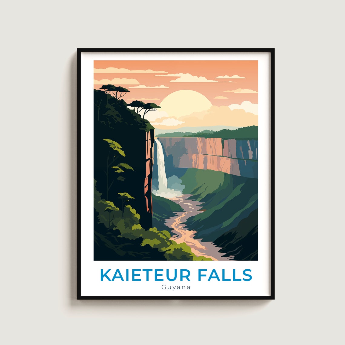 Kaieteur Falls Guyana Dramatic Sunset Waterfall Jungle Travel Poster
