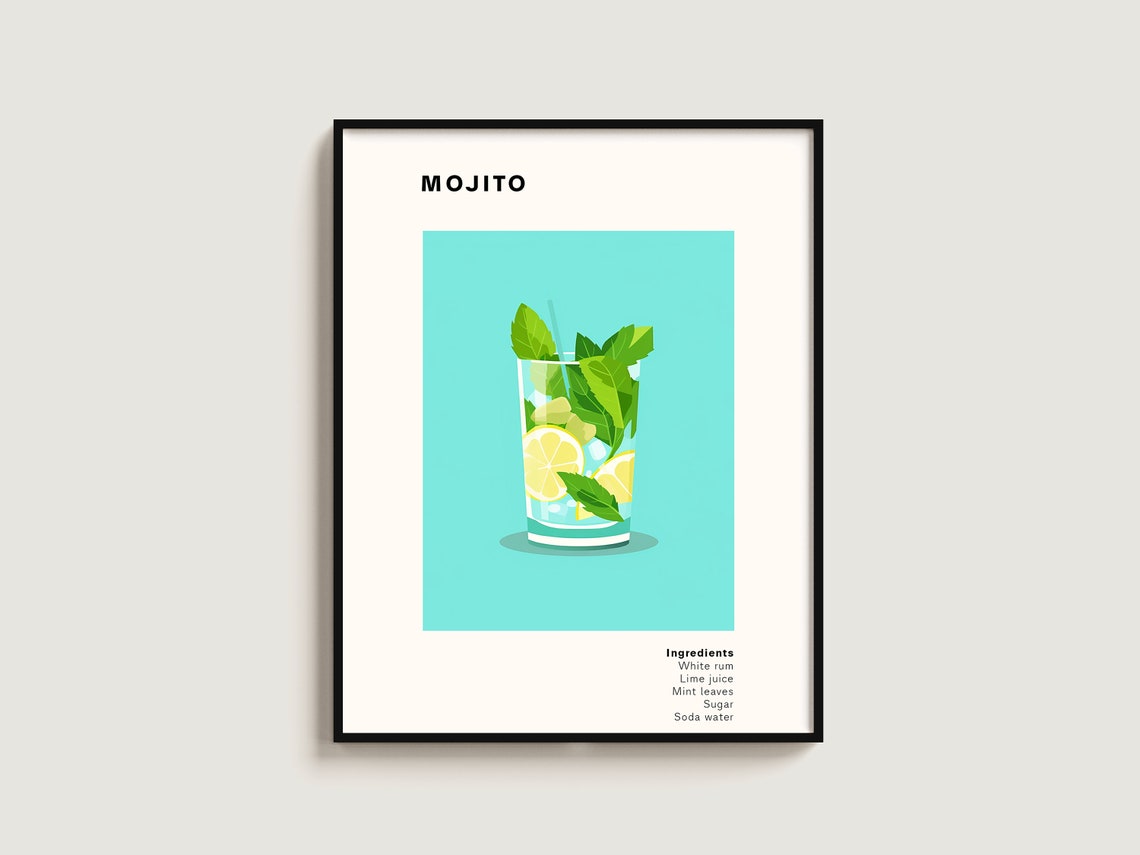 Mojito Cocktail Minimalist Mint Lime Turquoise Wall Bar Poster