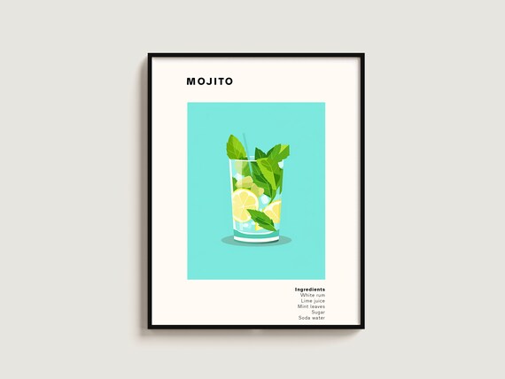 Mojito Cocktail Minimalist Mint Lime Turquoise Wall Bar Poster