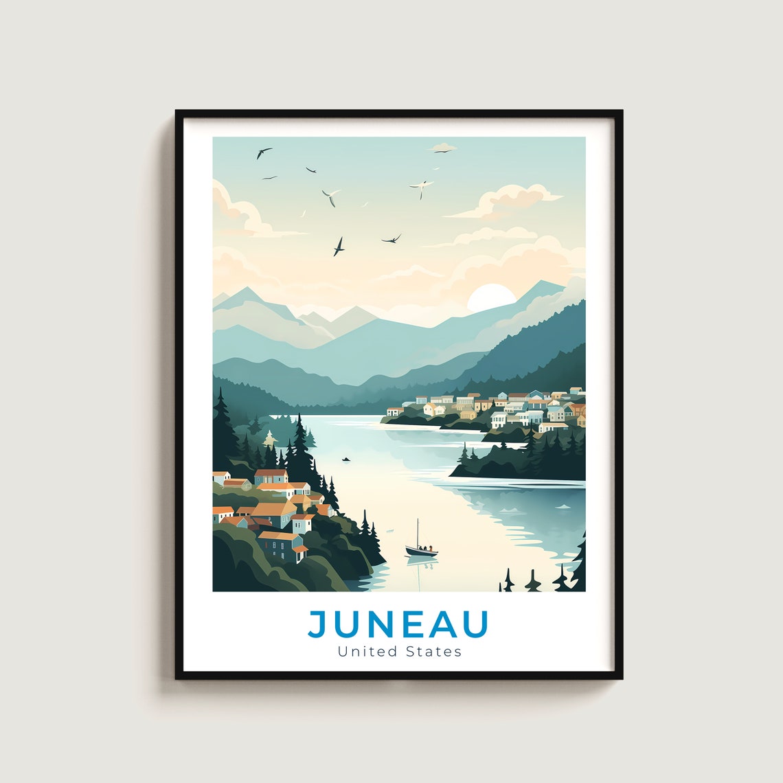 Juneau Alaska Waterfront Harbor Mountains Vintage Travel Poster