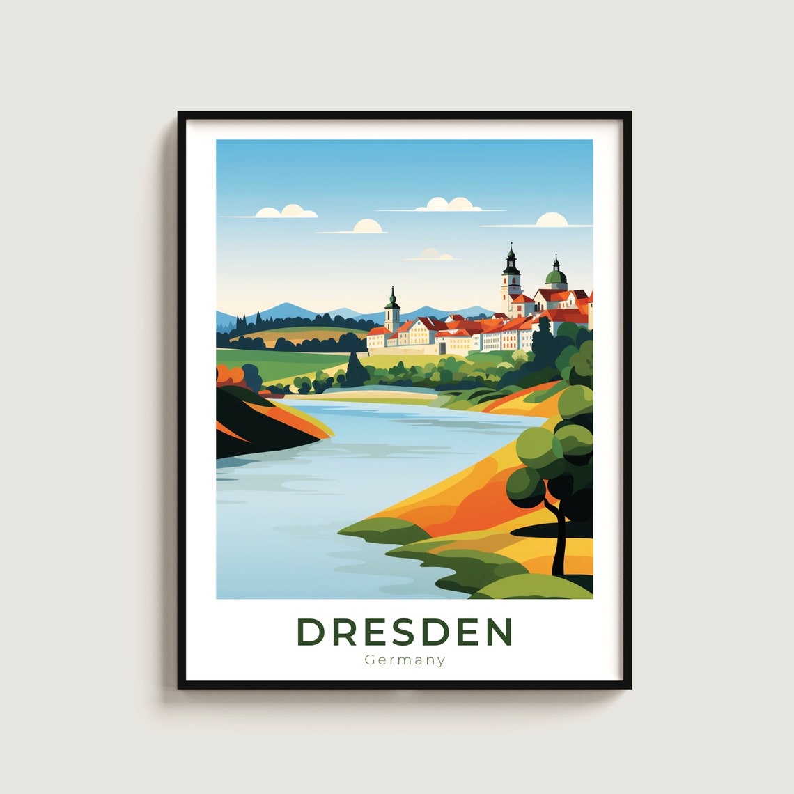 Dresden Germany Elbe Riverside Old Town Church Towers Travel Poster