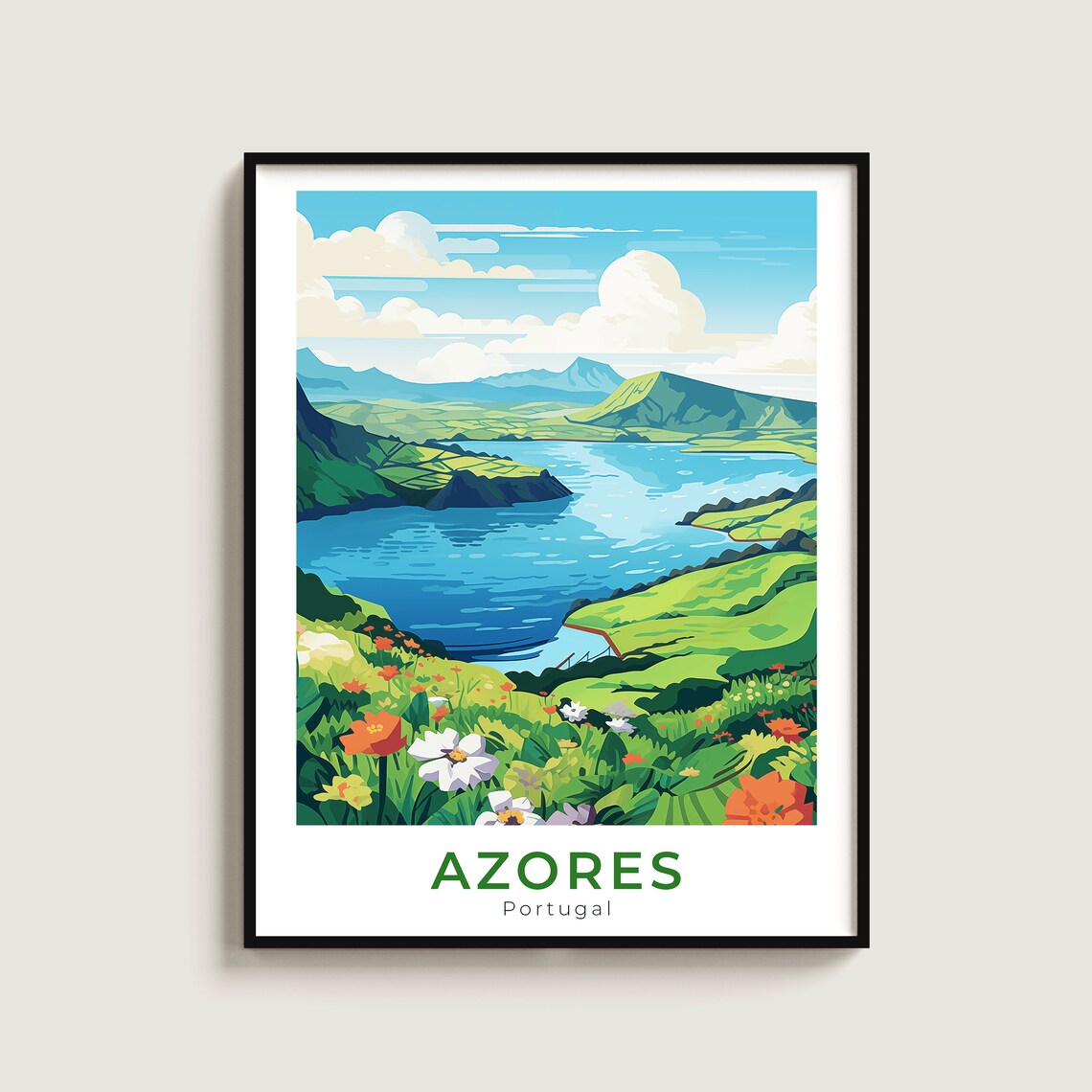 Azores Portugal Crater Lake Green Hills Wildflowers Travel Poster
