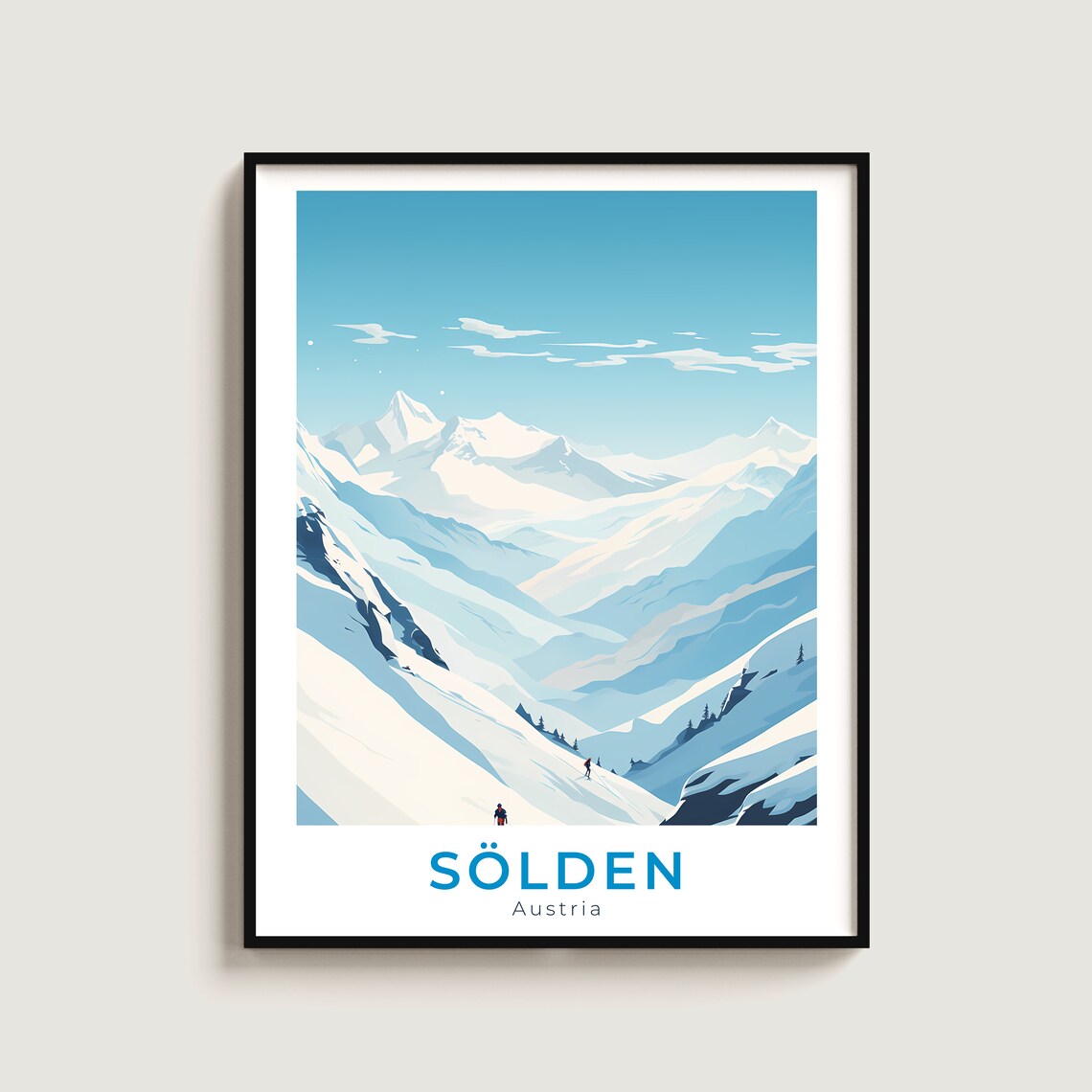 Solden Austria Skiers Carving Blue Slope Snowy Mountain Ridges Poster