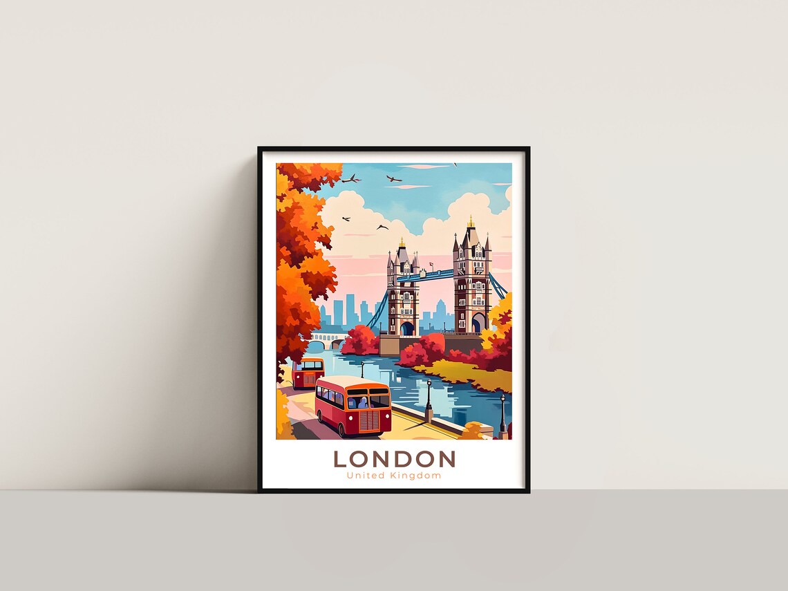London United Kingdom Tower Bridge Red Bus Autumn Travel Poster