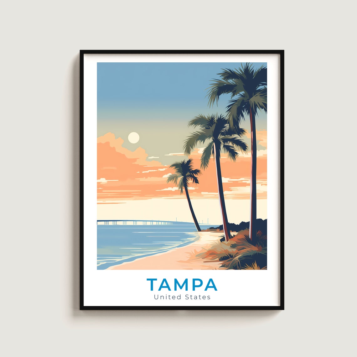 Tampa Florida Palm Trees Beach Sunset Waterfront Travel Poster