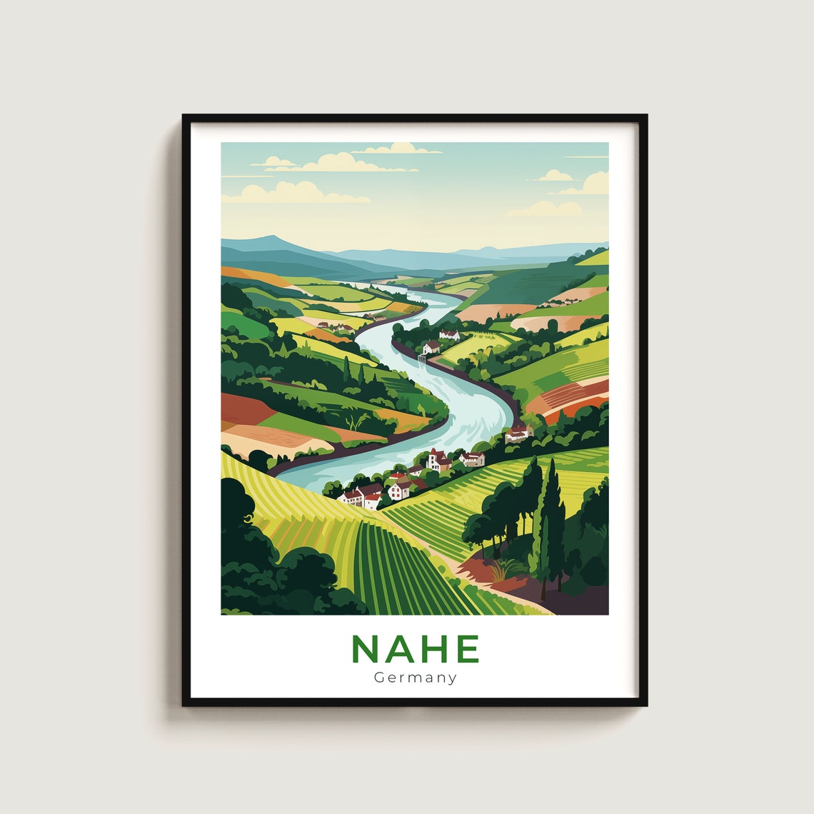 Nahe Germany Travel Poster Winding River Vineyard Hills Wine Country