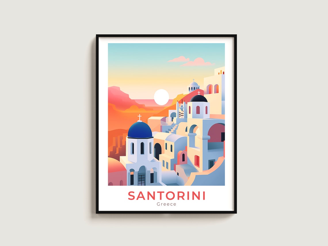 Santorini Greece White Villages Blue Domes Sunset Travel Poster