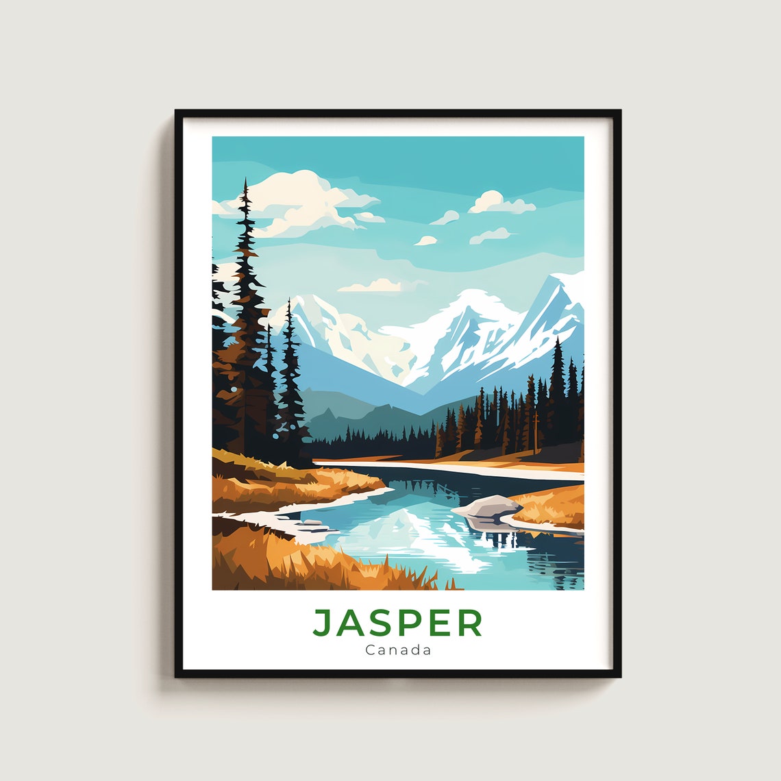 Jasper Canada Snowy Peaks Lake Pine Forest Travel Beautiful Poster
