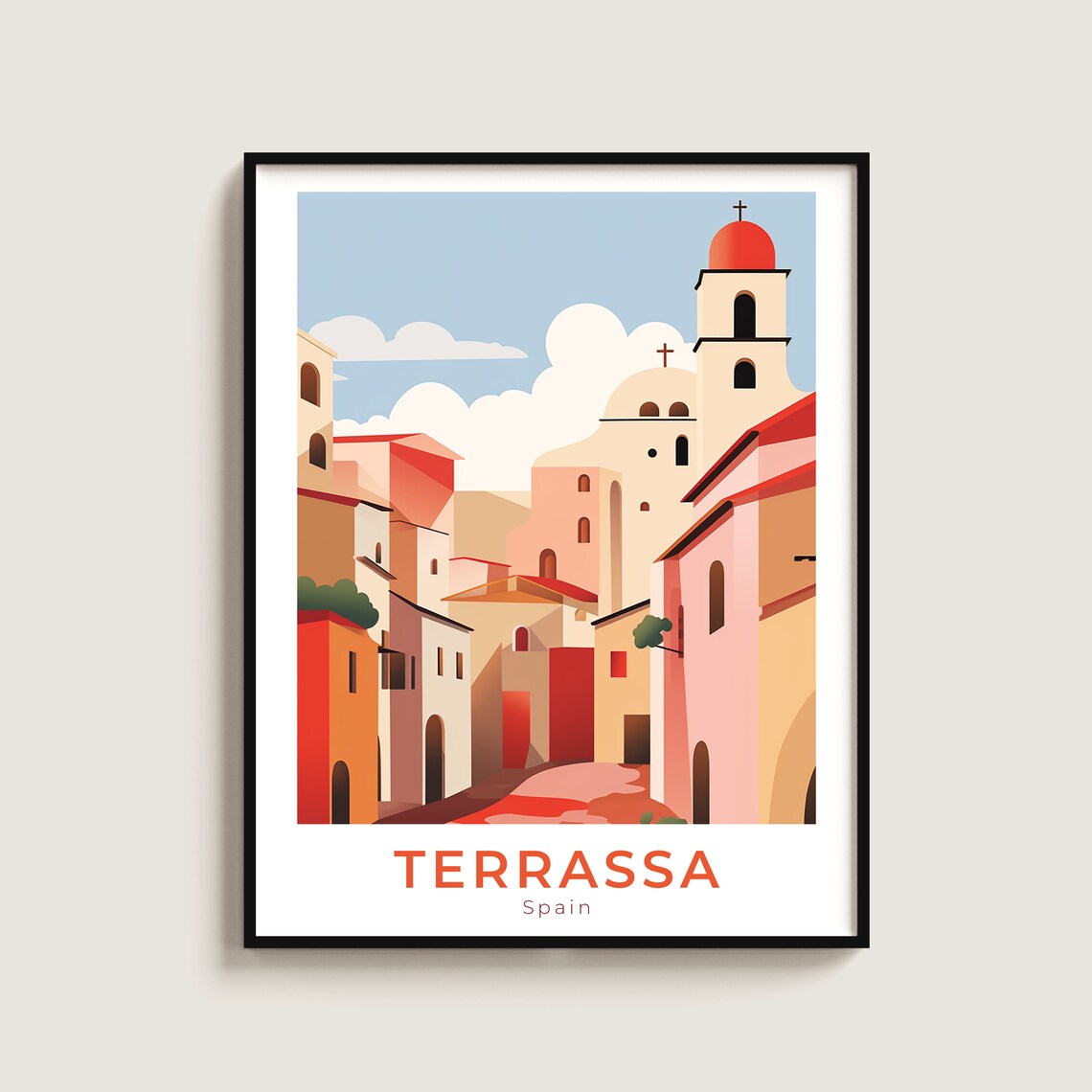 Terrassa Spain Old Town Street Church Tower Red Roofs Travel Poster