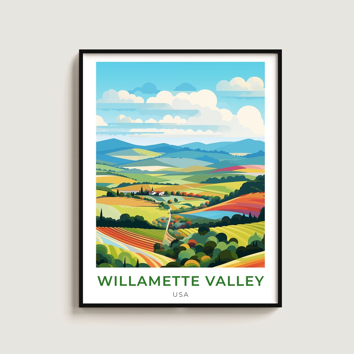 Willamette Valley USA Colorful Rolling Hills Farmland Travel Poster