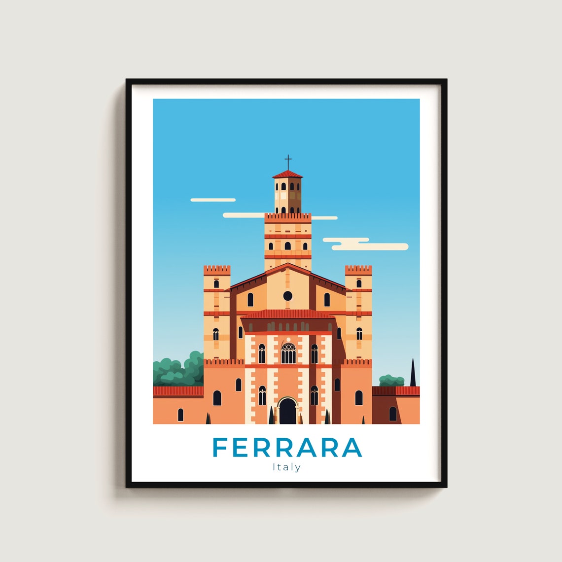 Ferrara Italy Medieval Brick Castle Vintage Travel Poster Artwork