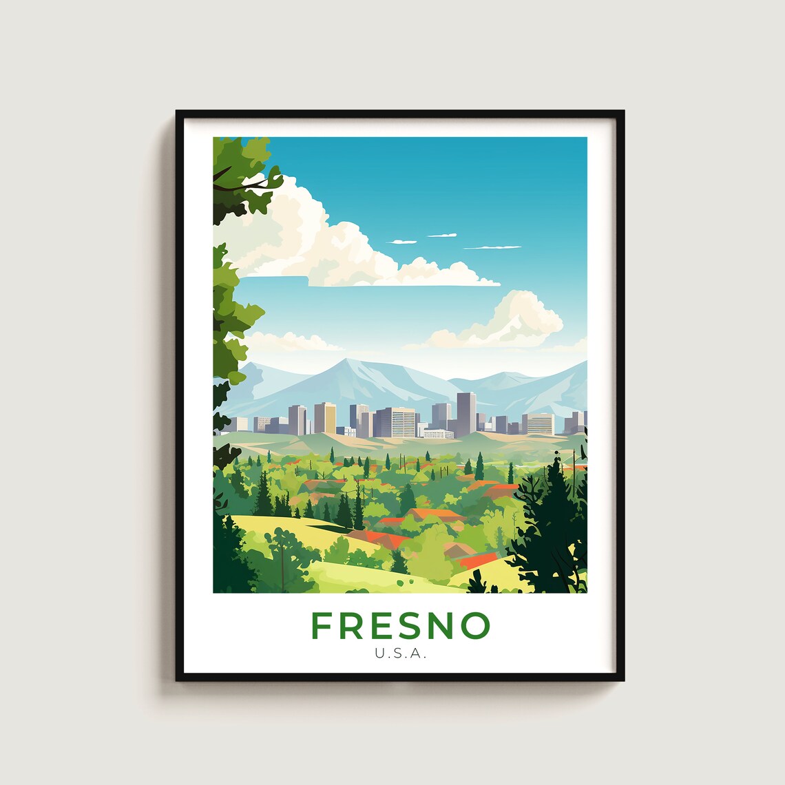 Fresno California Skyline Mountain View Valley Cityscape Travel Poster