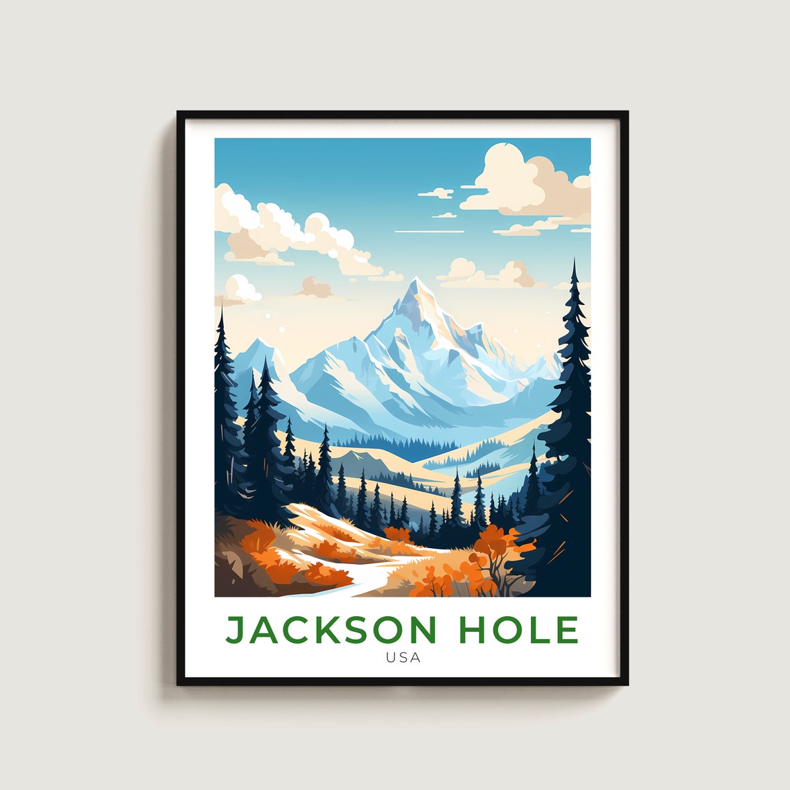 Jackson Hole USA Pine Forest Autumn Snowy Peaks Ski Travel Poster