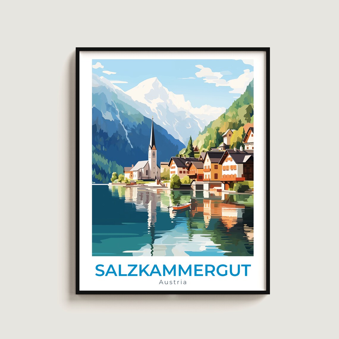 Salzkammergut Austria Lakeside Village Church Reflection Travel Poster