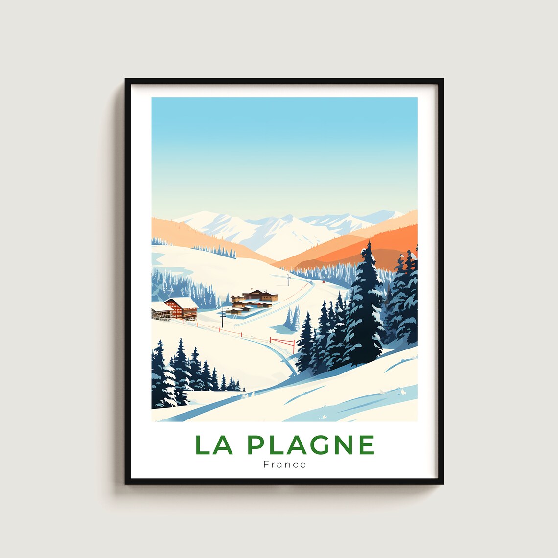 La Plagne France Sunset Slopes Chalet Pine Forest Ski Travel Poster