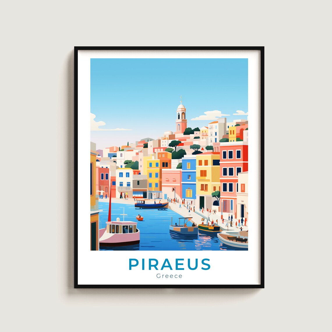 Piraeus Greece Busy Harbor Colorful Waterfront Travel Poster