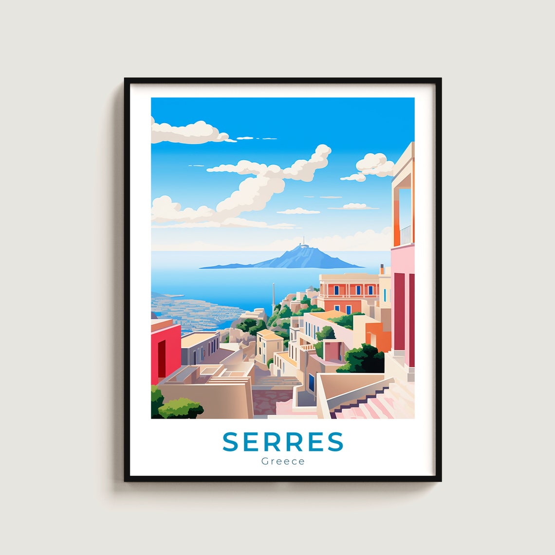 Serres Greece Hilltop Town Sea View Mountain Travel Poster Decor