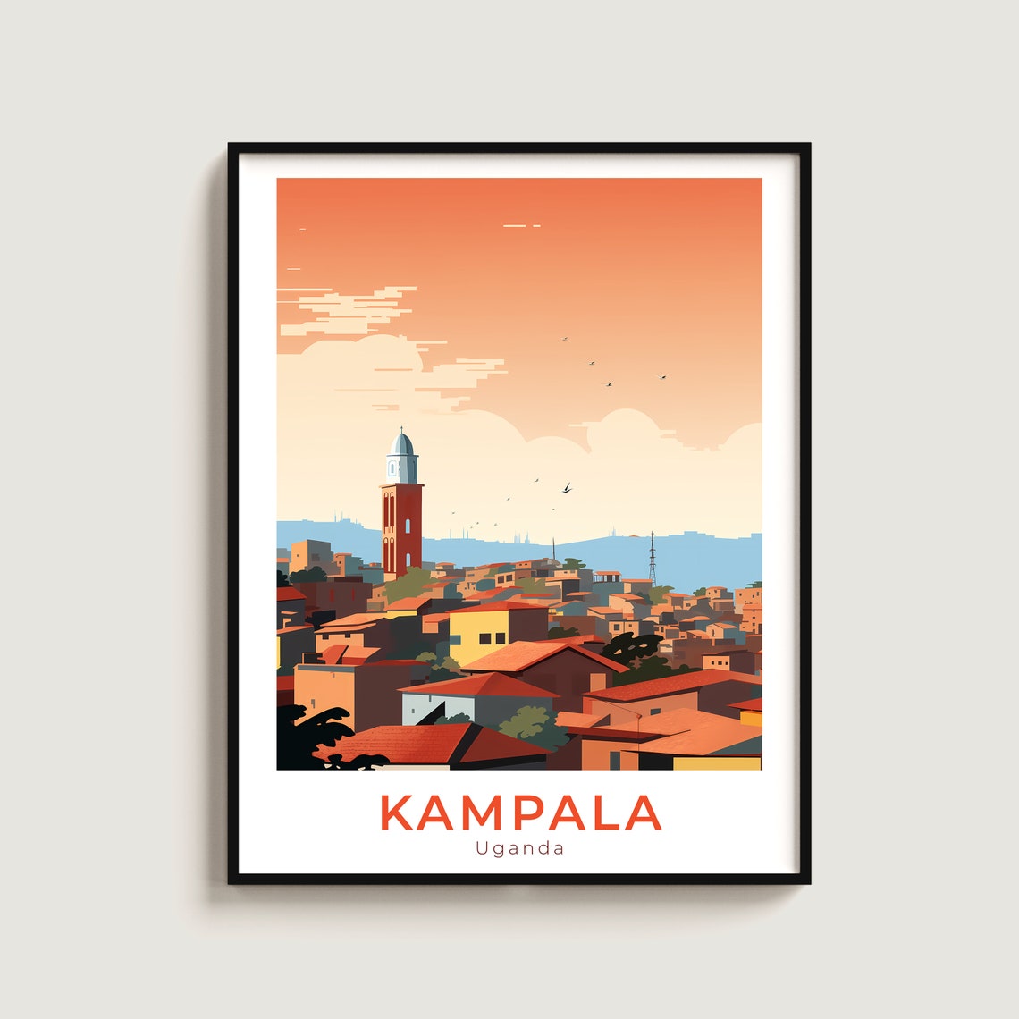 Kampala Uganda City Skyline Clock Tower Sunset Travel Poster