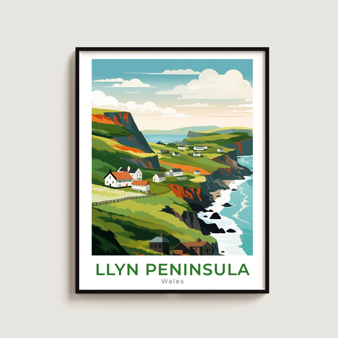Llyn Peninsula Wales Coastal Village Green Cliffs Travel Poster