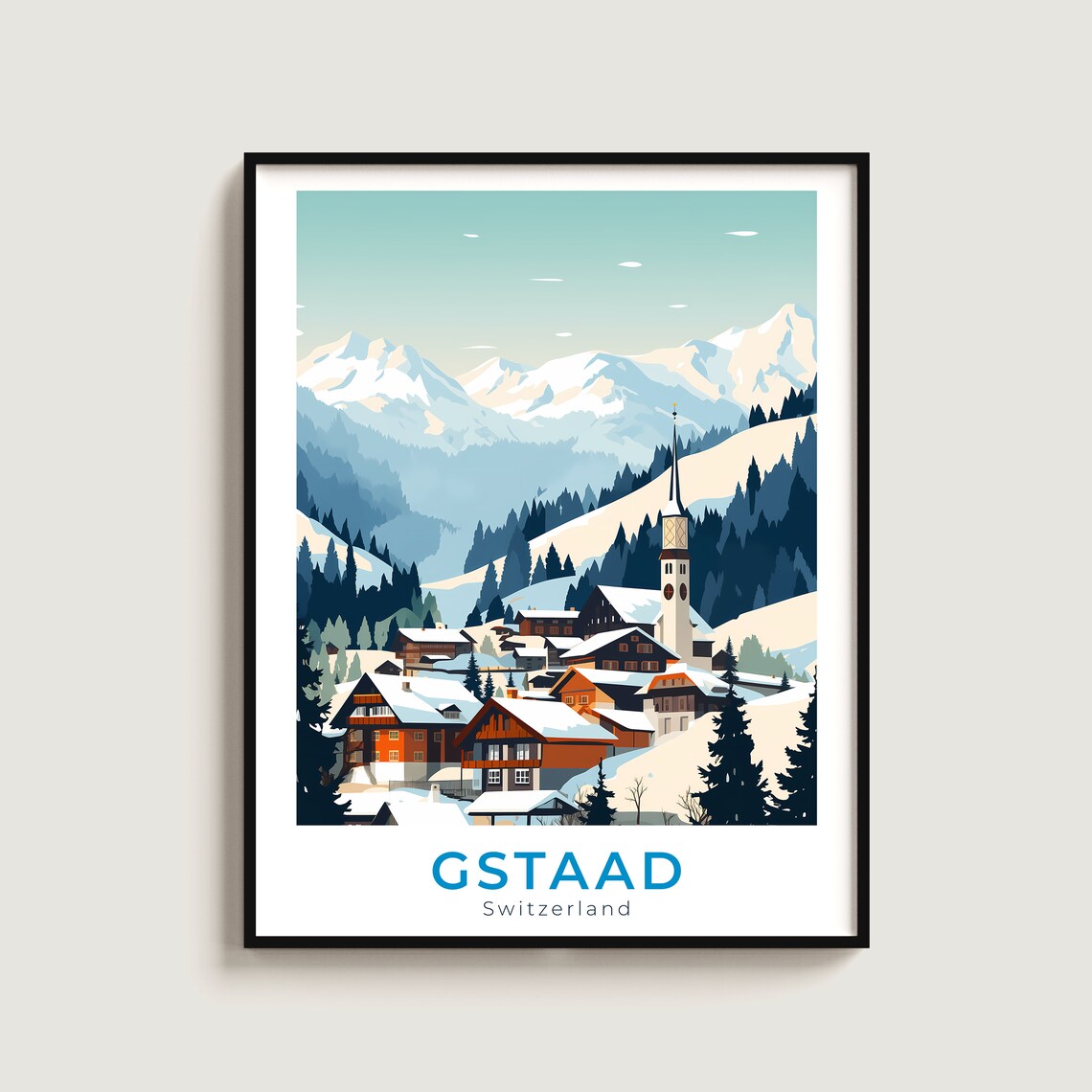 Gstaad Switzerland Snowy Chalet Village Church Steeple Winter Poster
