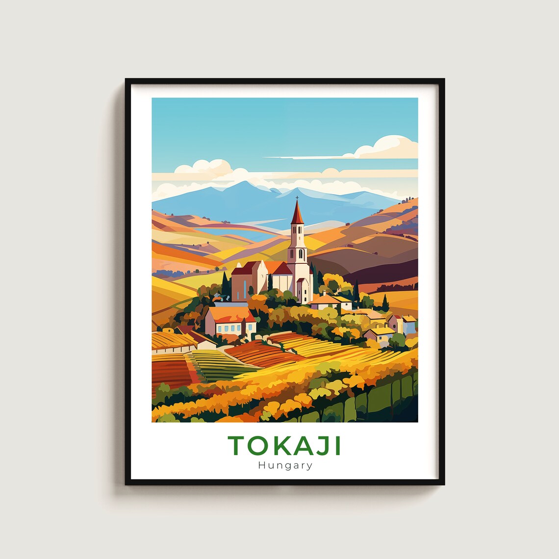 Tokaji Hungary Travel Poster Autumn Vineyard Village Church Scene