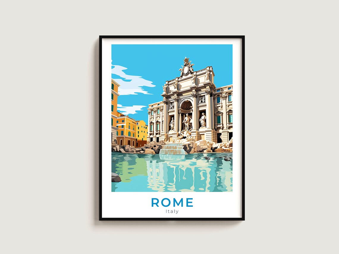 Rome Italy Grand Trevi Fountain Baroque Vintage Travel Poster Art