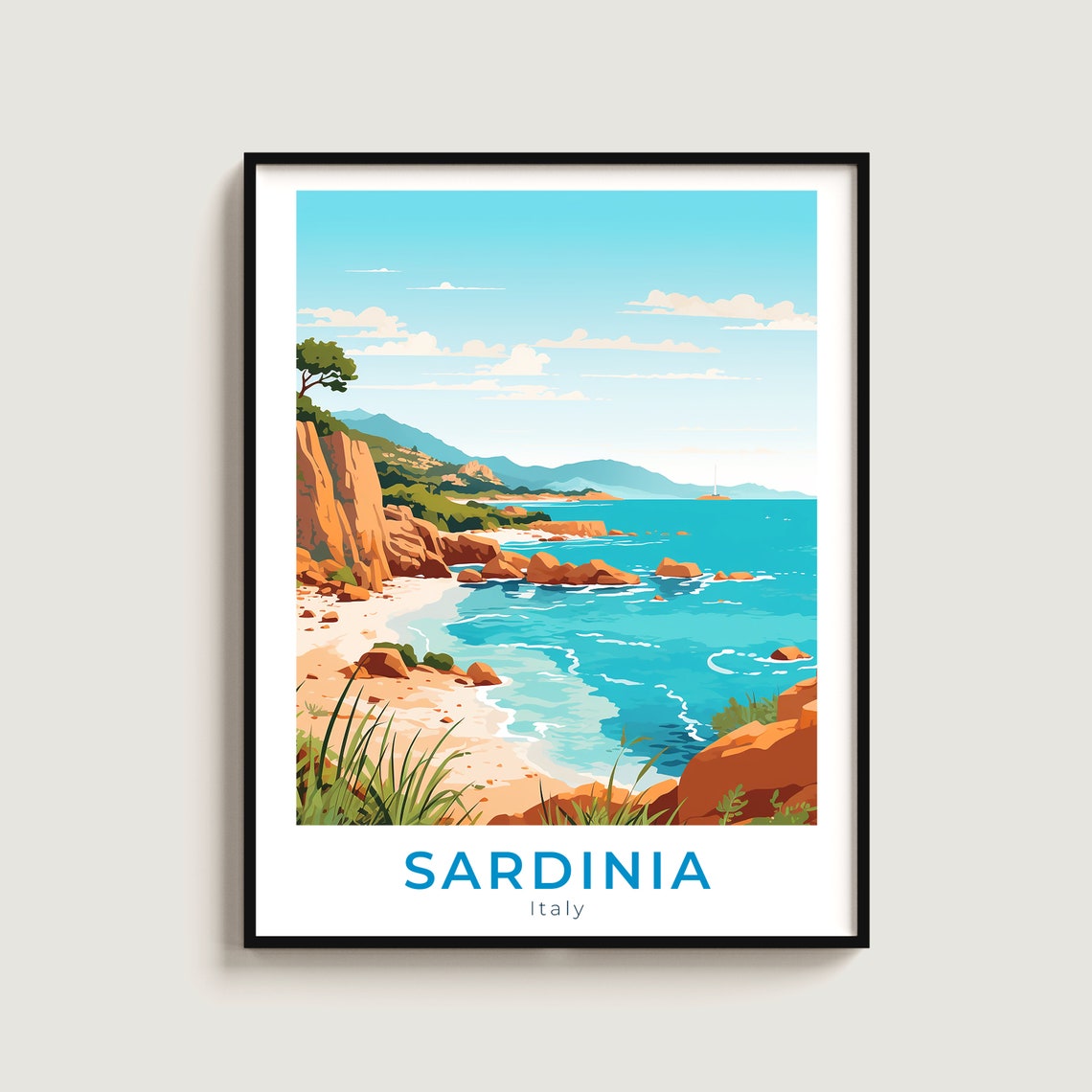 Sardinia Italy Turquoise Coast Rocky Beach Cliffs Travel Poster