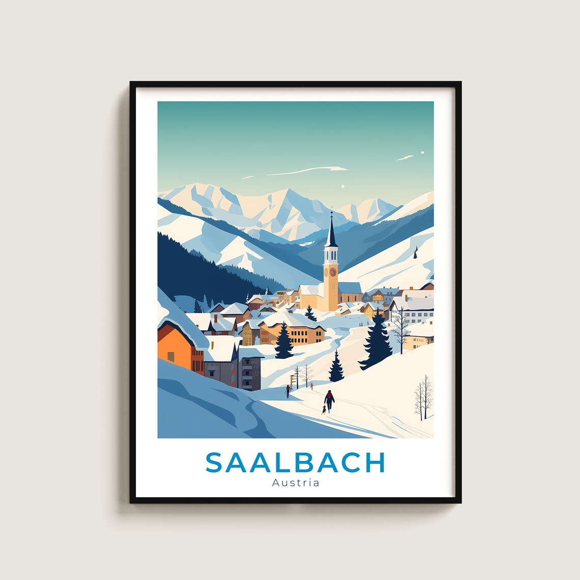 Saalbach Austria Snowy Village Church Skier Alpine Winter Town Poster