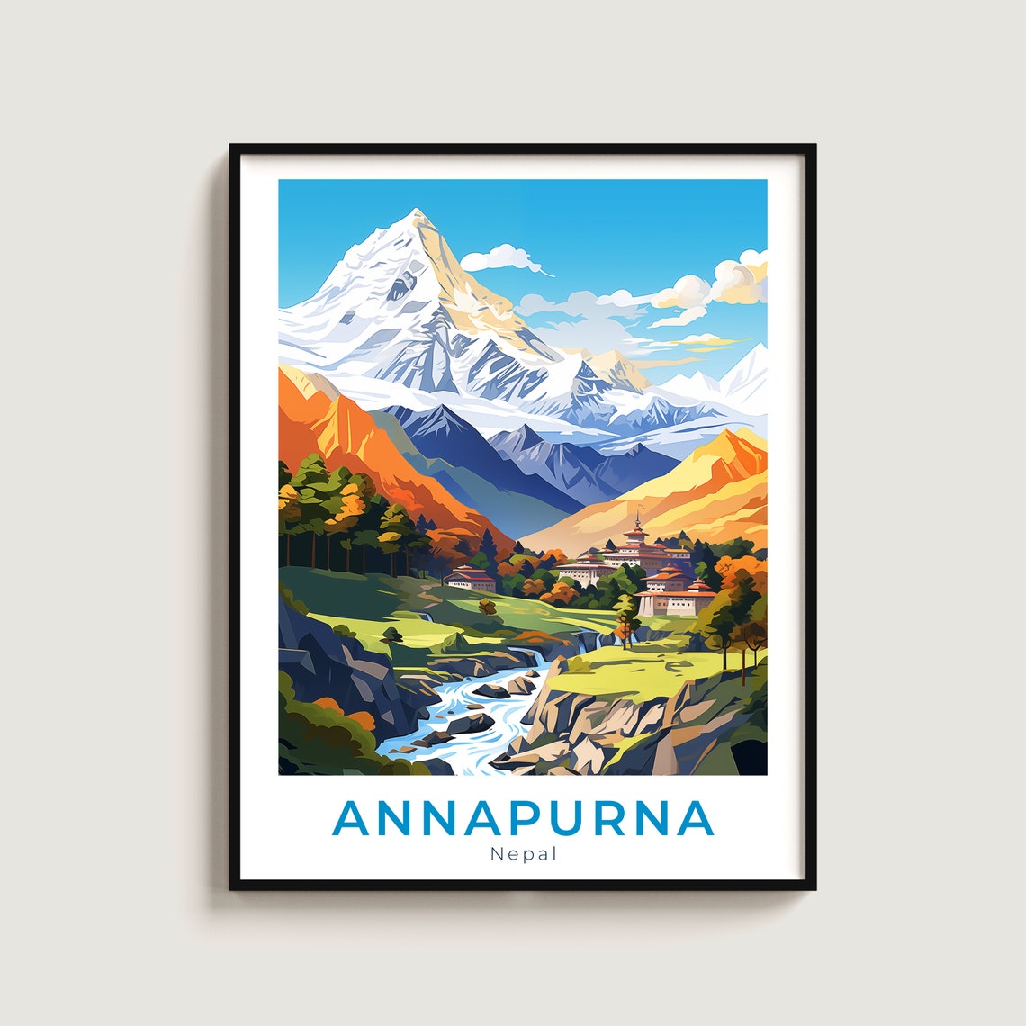 Annapurna Nepal Himalayan Snow Peak Village Valley Scene Poster