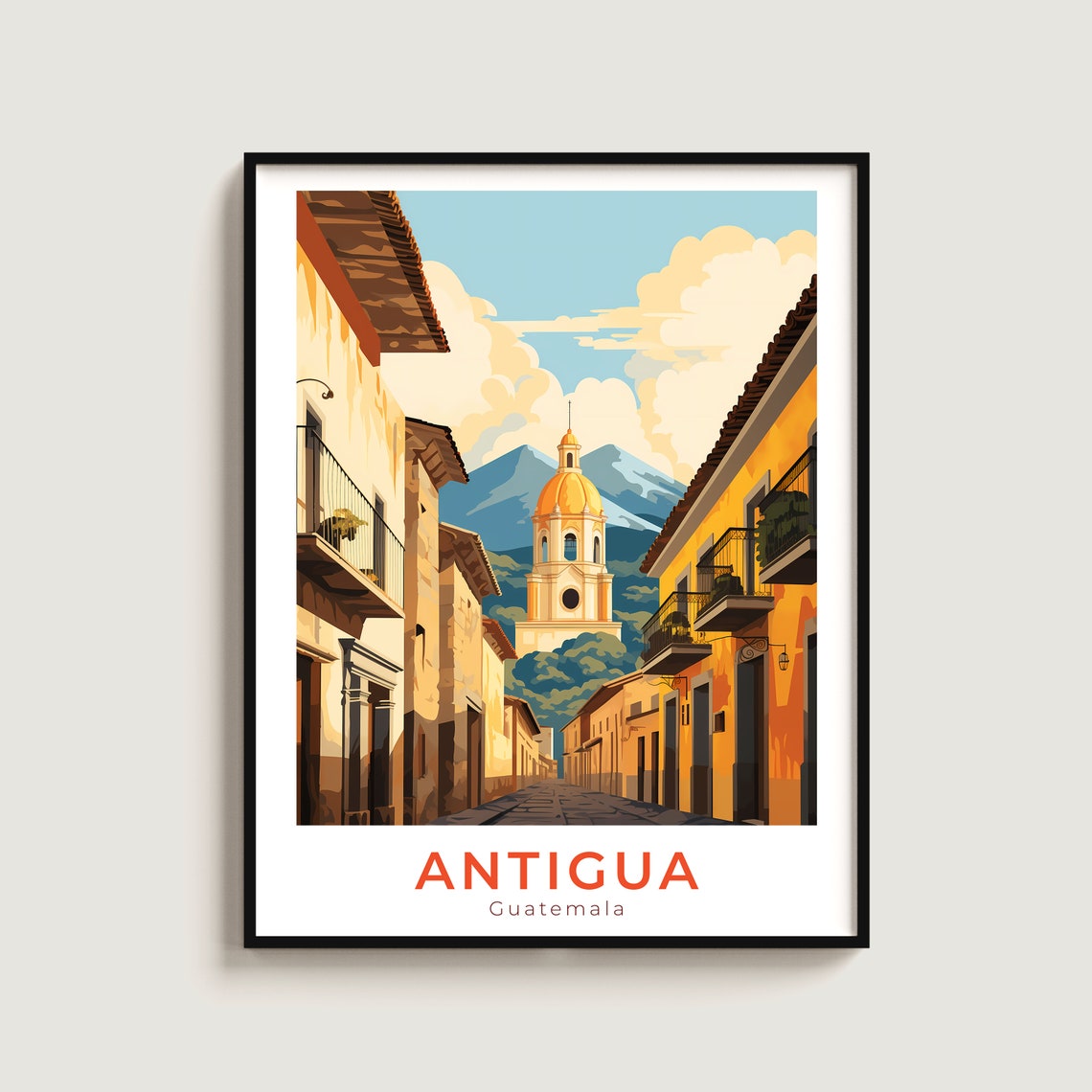 Antigua Guatemala Travel Poster Colonial Street Volcano Sunset Scene