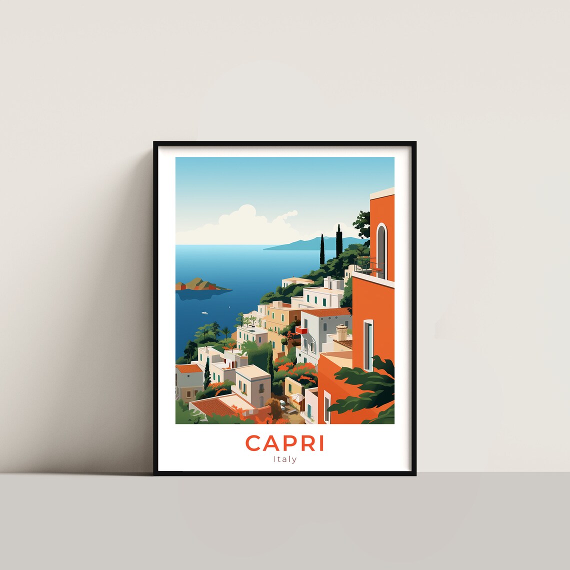 Capri Italy Cliffside Town White Houses Over Blue Sea Poster