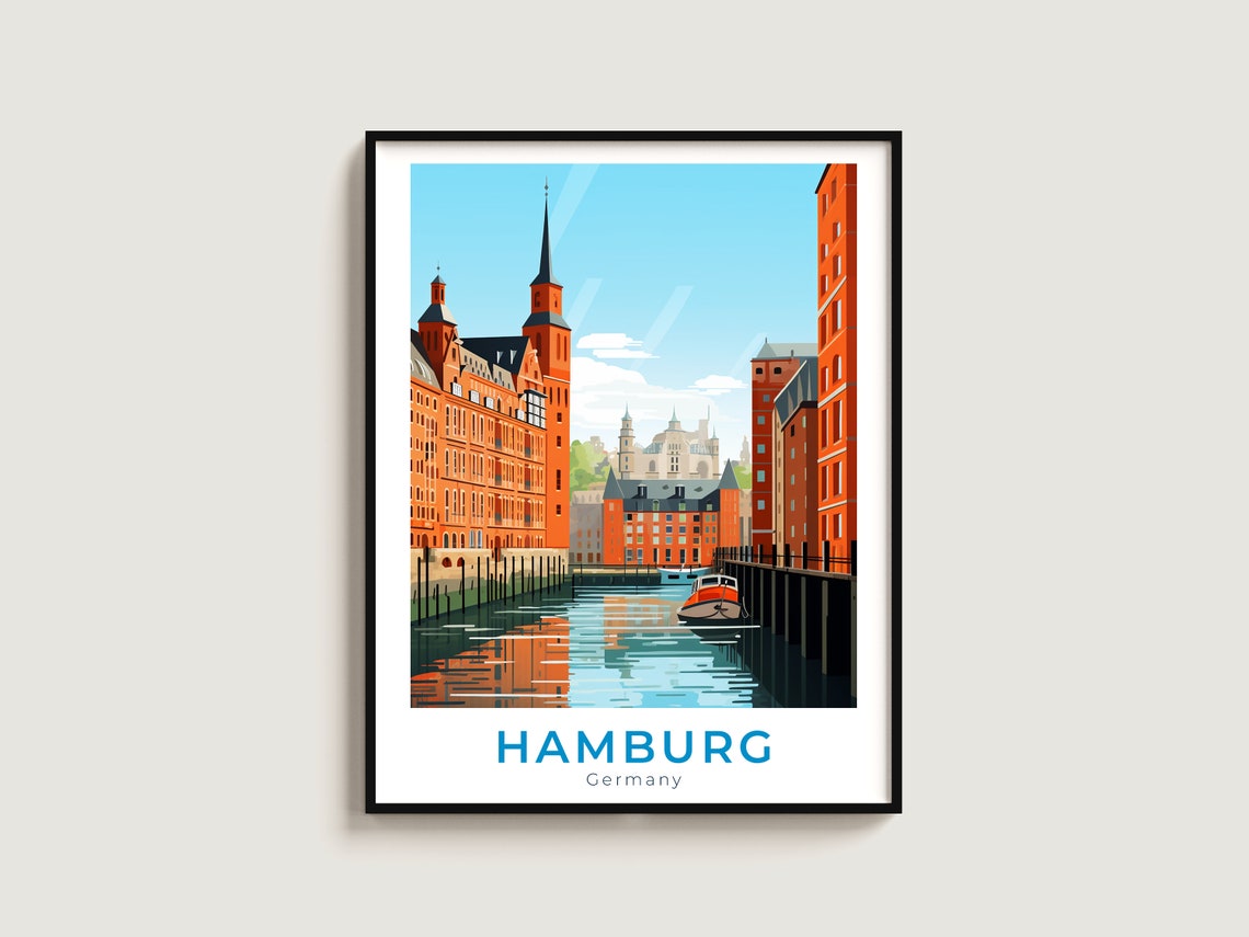 Hamburg Harbor Canal Brick Warehouses Travel Poster Germany Gift