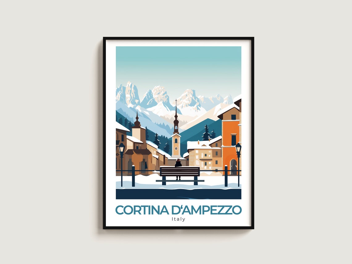 Cortina d'Ampezzo Italy Snowy Town Square Dolomites Travel Poster