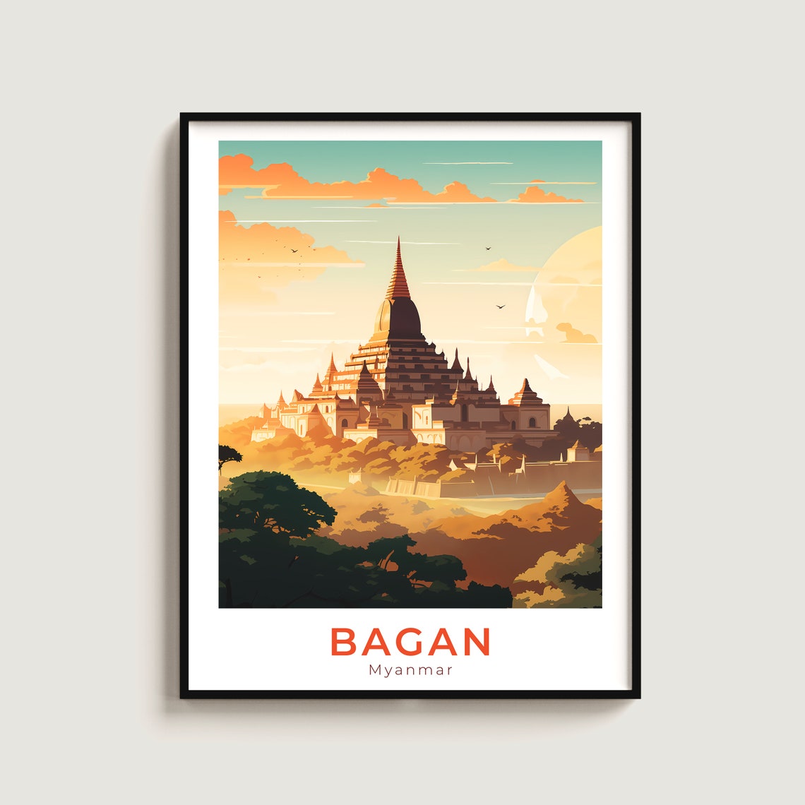 Bagan Myanmar Ancient Temples Golden Sunset Landscape Travel Poster