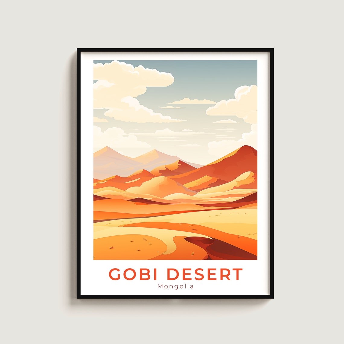 Gobi Desert Mongolia Golden Sand Dunes Vintage Travel Art Poster