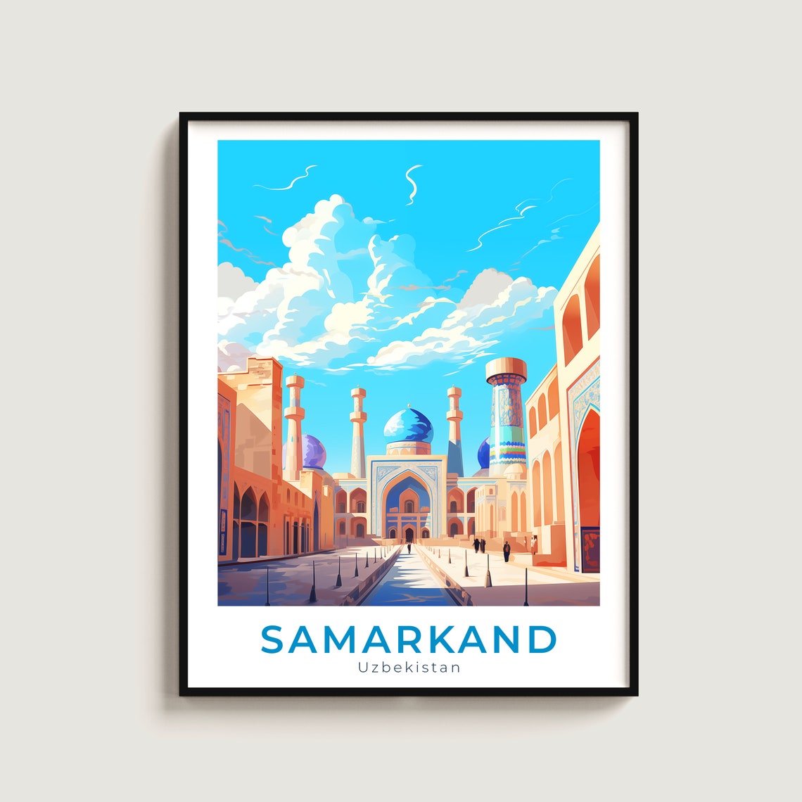 Samarkand Uzbekistan Mosque Courtyard Blue Domes Travel Art Poster