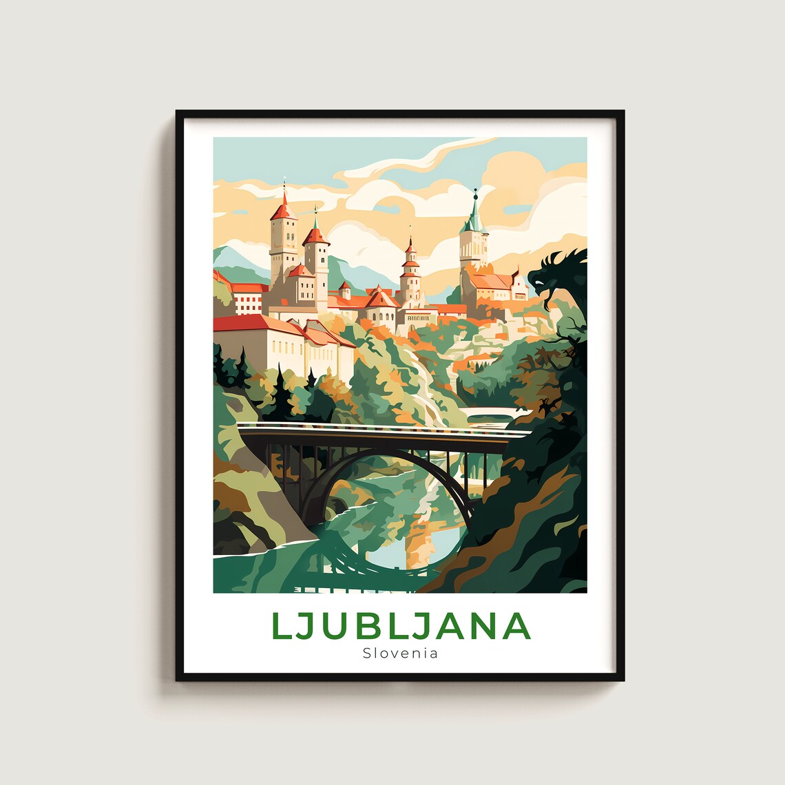 Ljubljana Slovenia Castle Hill Riverside Town Vintage Travel Poster