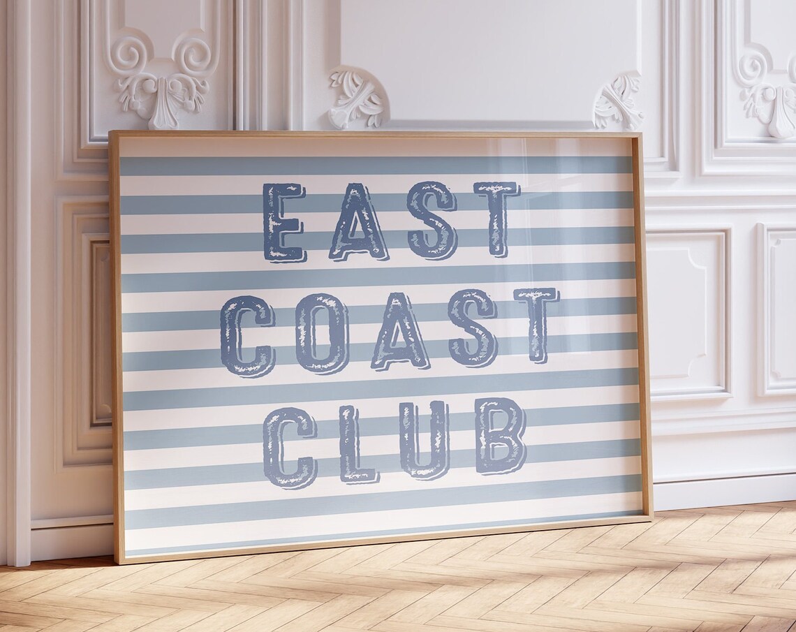 East Coast Club Blue Stripe Coastal Typography Beach Decor Poster