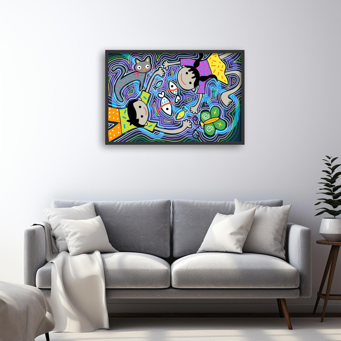 Whimsical Cat Fish Art, Boho Animal Decor - Image 2