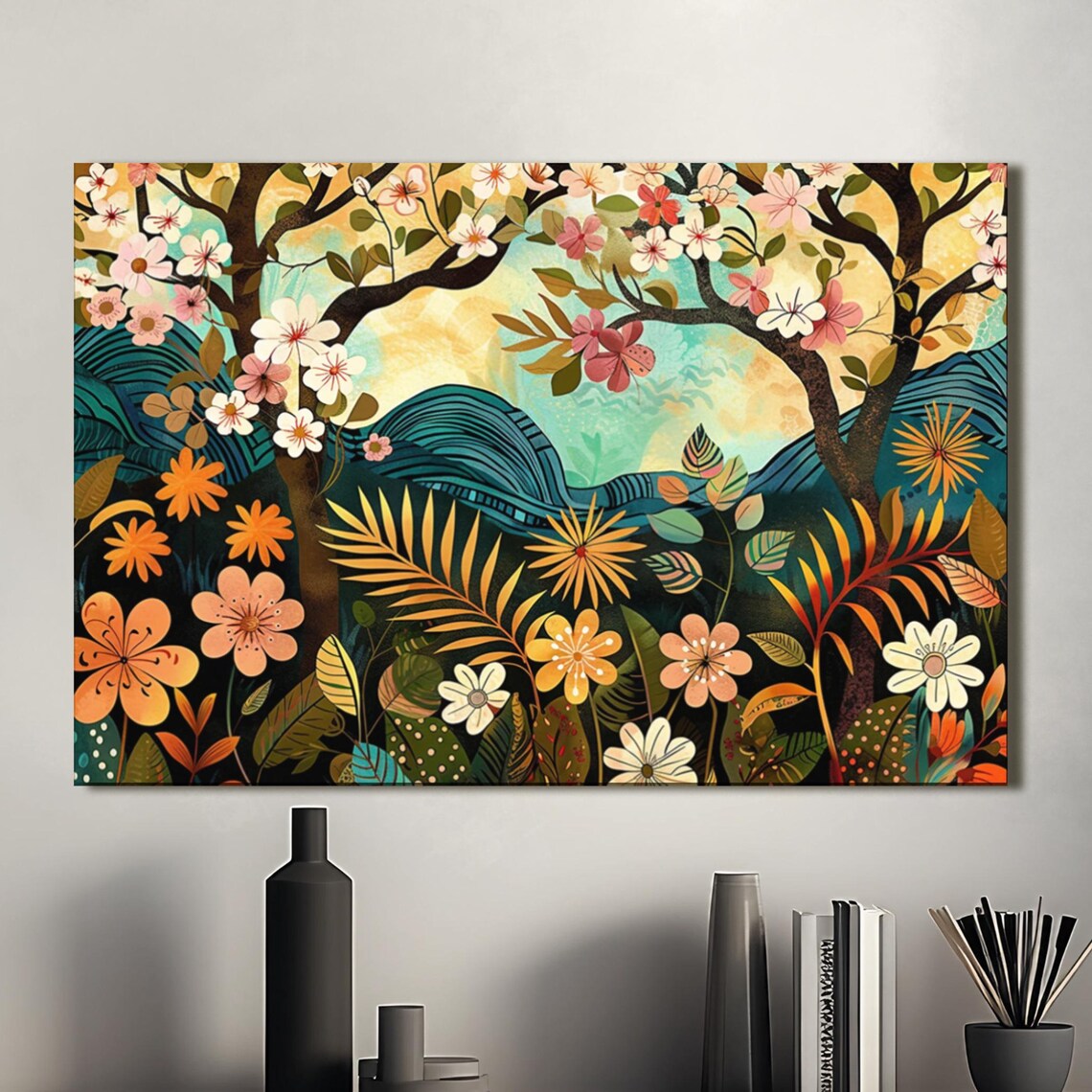Whimsical Flower Forest Colorful Folk Art Blossom Trees Art Poster - Image 2