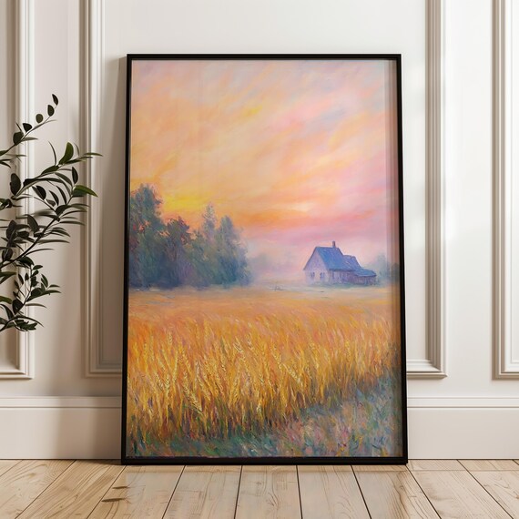 Claude Monet Wheat Field Sunset Poster Impressionist Landscape Vintage Farmhouse Wall Art Cozy Home Decor