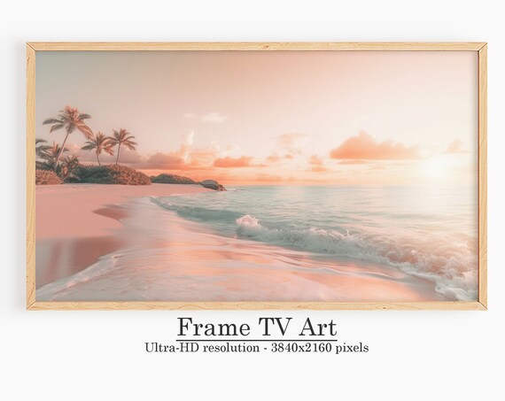 Pastel Pink Beach Sunset Palms Gentle Waves Tropical Shore Poster