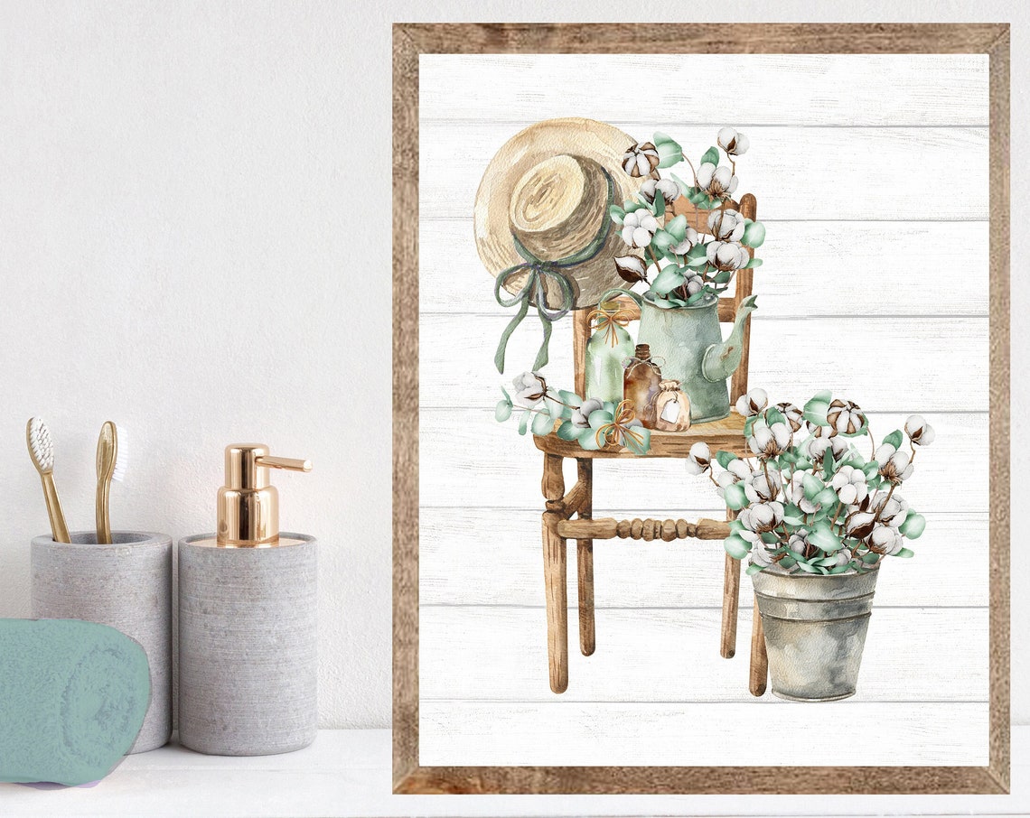 Rustic Wooden Chair with Eucalyptus Cotton and Straw Hat Print